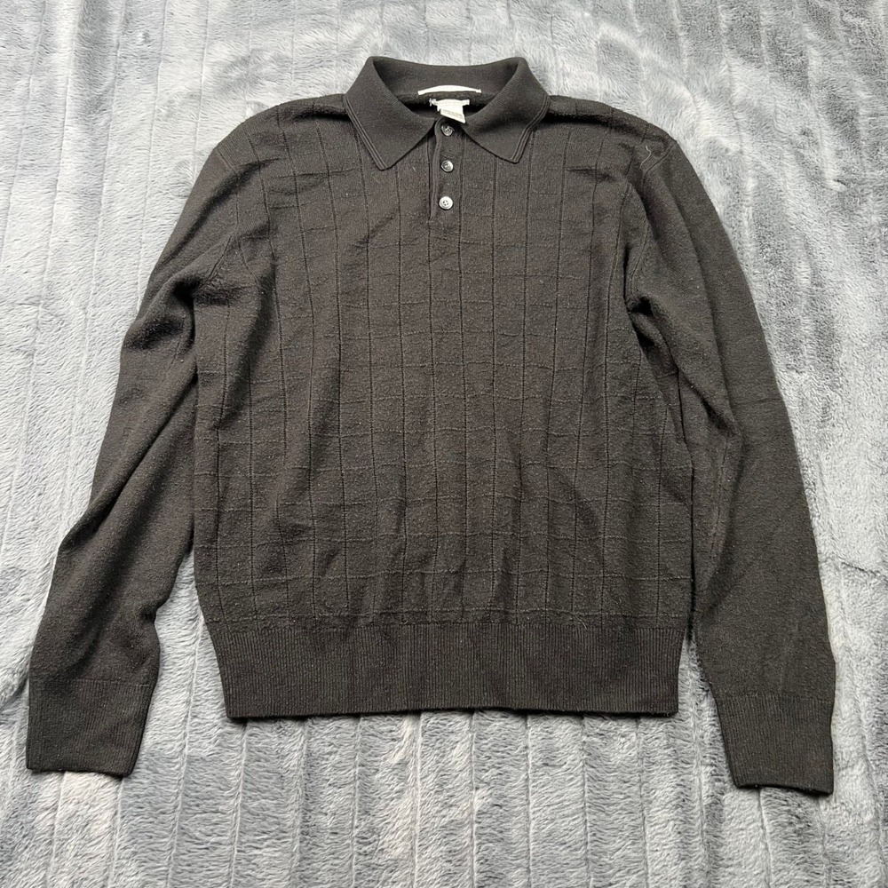 Geoffrey Beene Mens Black Super Soft Grid Textured Long Sleeve Polo Sweater Med